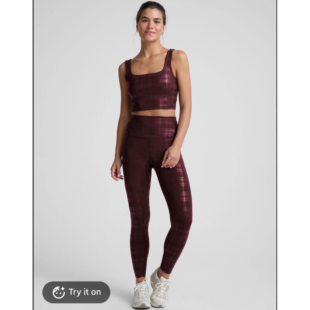 Beyond Yoga Beyond the Studio Plaid Activewear Set Burgundy Top Med Bottom Large